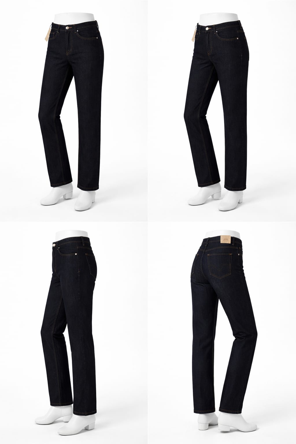 Black jeans displayed from multiple angles on a white background