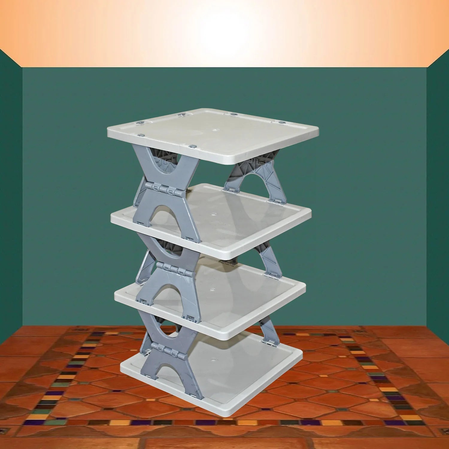Three-tiered white display stand on a patterned floor with a green wall background