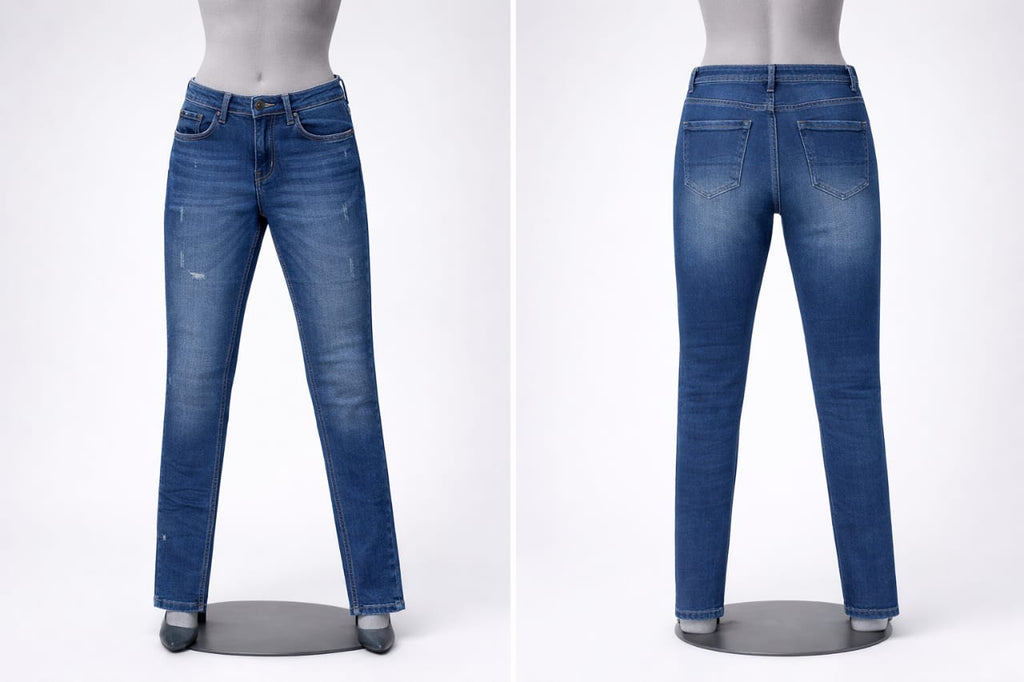 Blue jeans on a mannequin against a white background