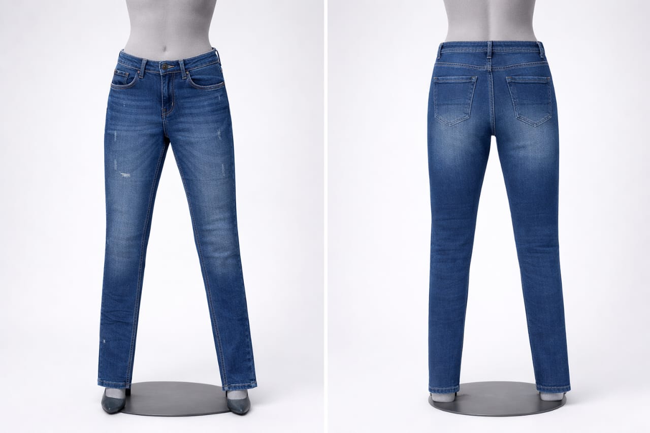 Blue jeans on a mannequin against a white background