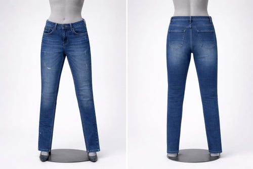 Blue jeans on a mannequin against a white background