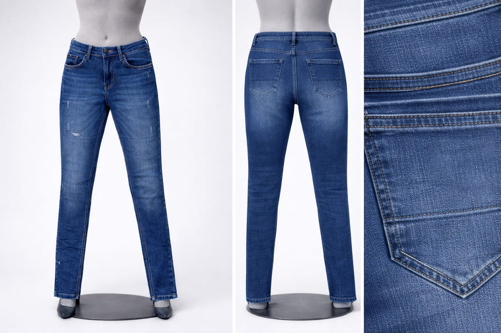 Blue jeans displayed on mannequins with a close-up of the fabric texture.