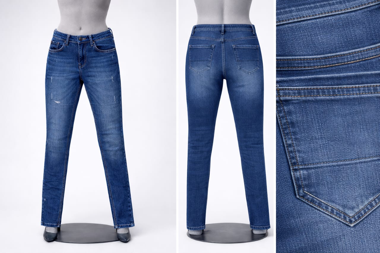 Blue jeans displayed on mannequins with a close-up of the fabric texture.