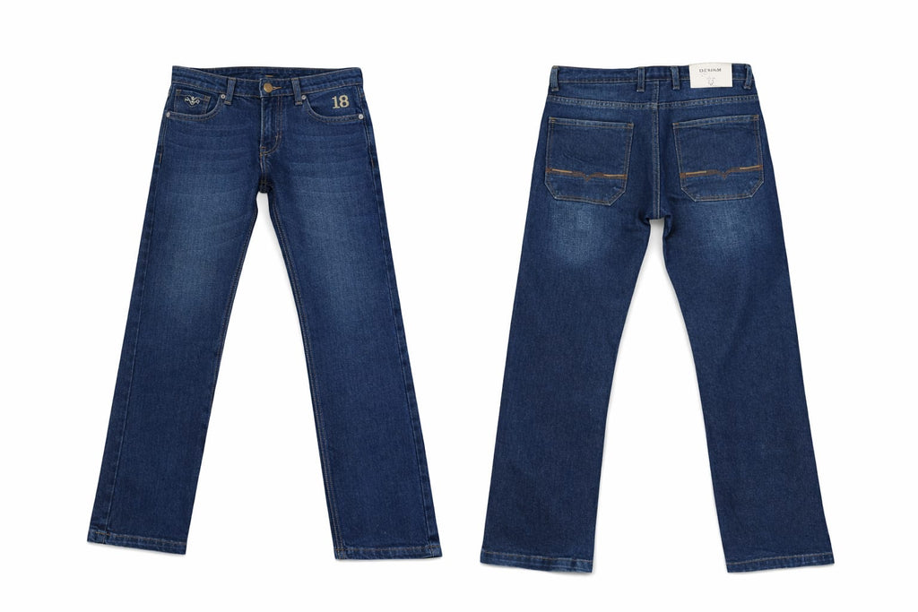 Blue jeans shown from front and back on a white background