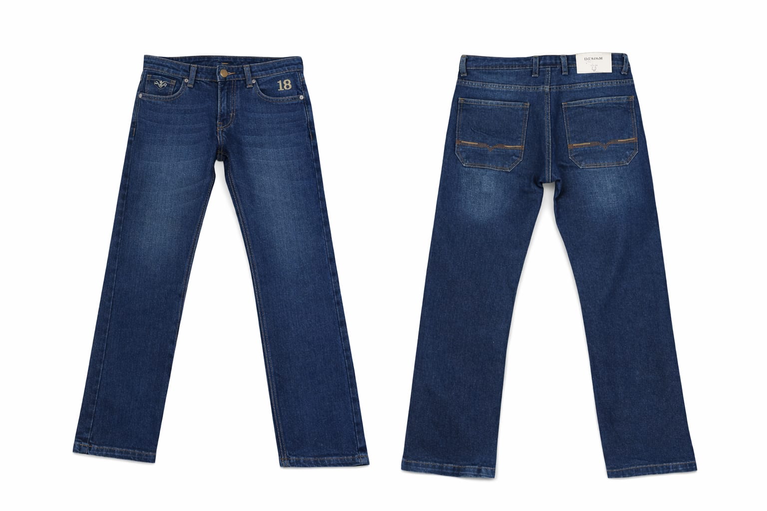 Blue jeans shown from front and back on a white background