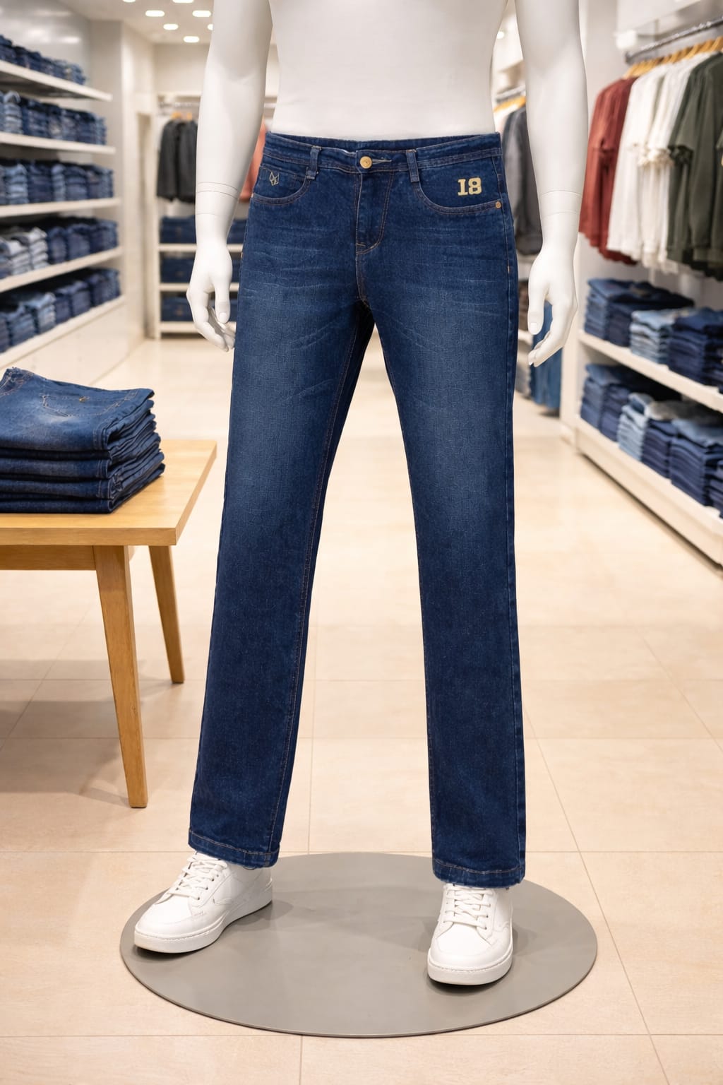 Mannequin wearing blue jeans in a store setting with shelves of jeans in the background.