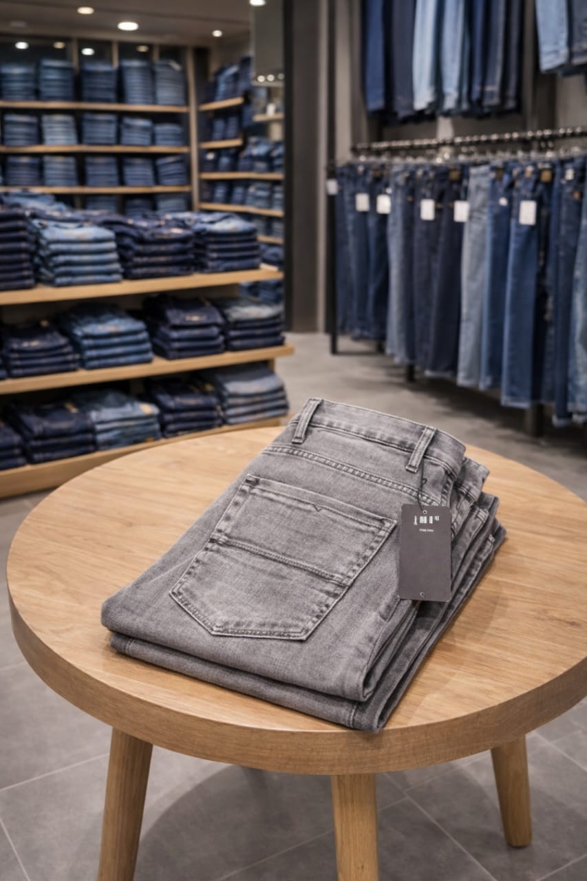 Stack of gray jeans on a wooden table with denim shelves in the background