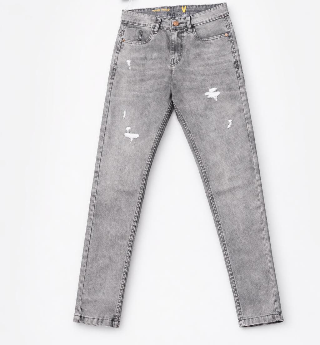 Gray distressed jeans on a white background