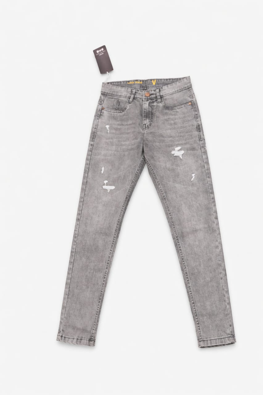 Gray jeans with white distressing on a white background