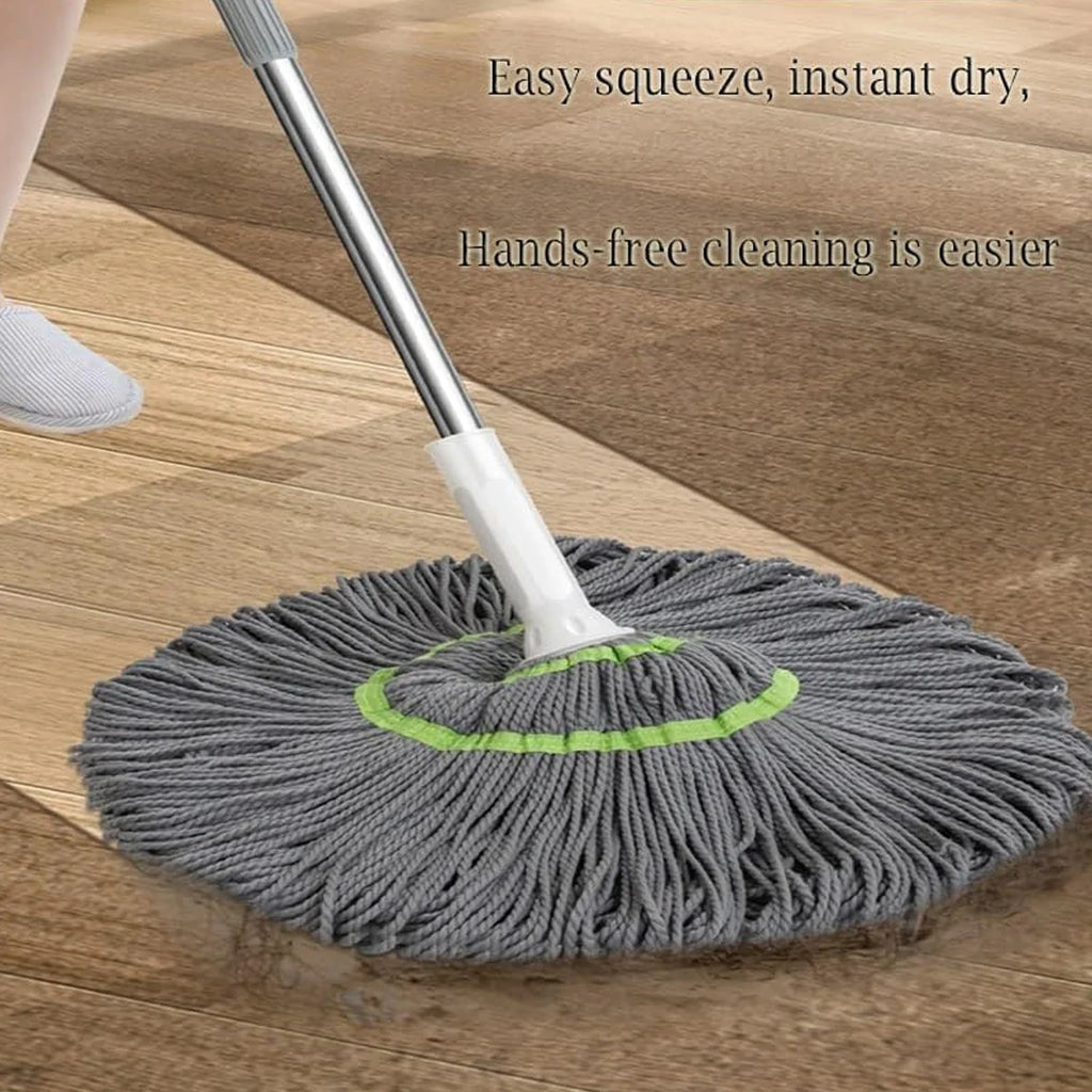 Gray mop with a white handle on a wooden floor, with text indicating ease of use.