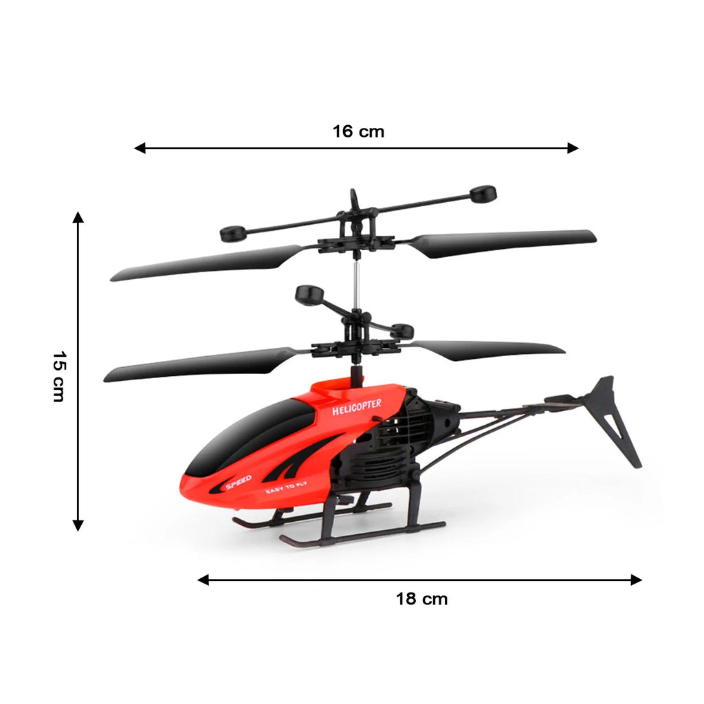 Red and black toy helicopter with dimensions labeled on a white background