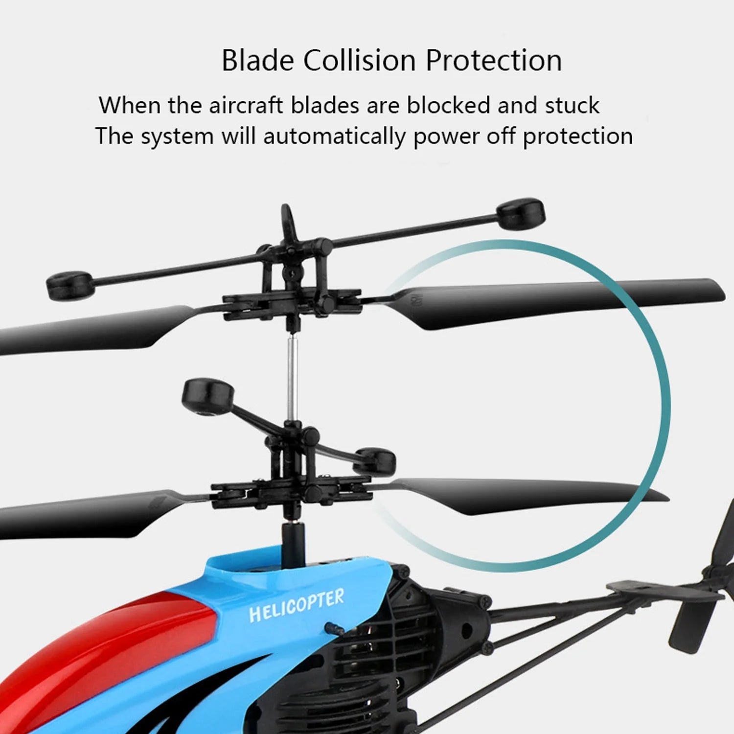 Helicopter with blade collision protection feature on a white background