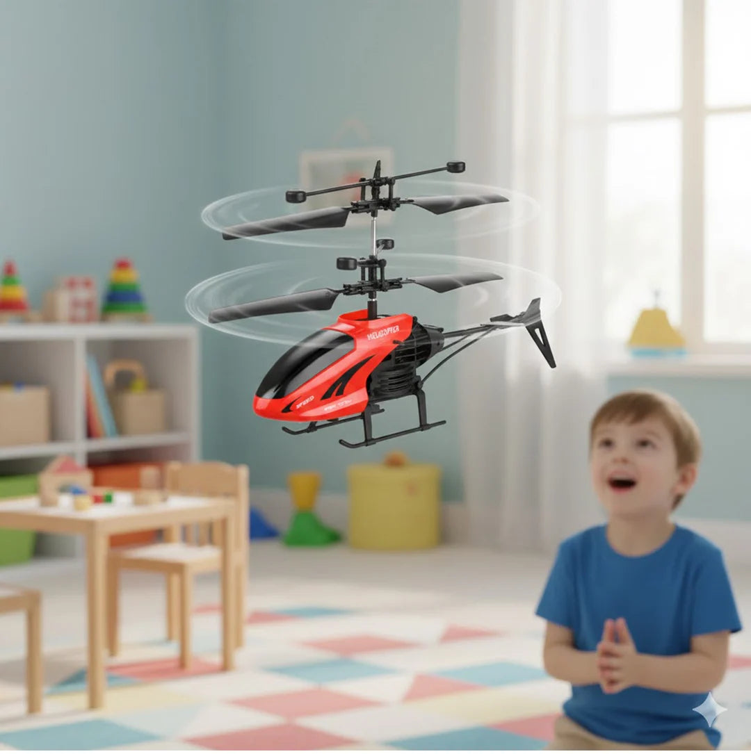 Red and black helicopter toy hovering above a child in a room with colorful toys and furniture.