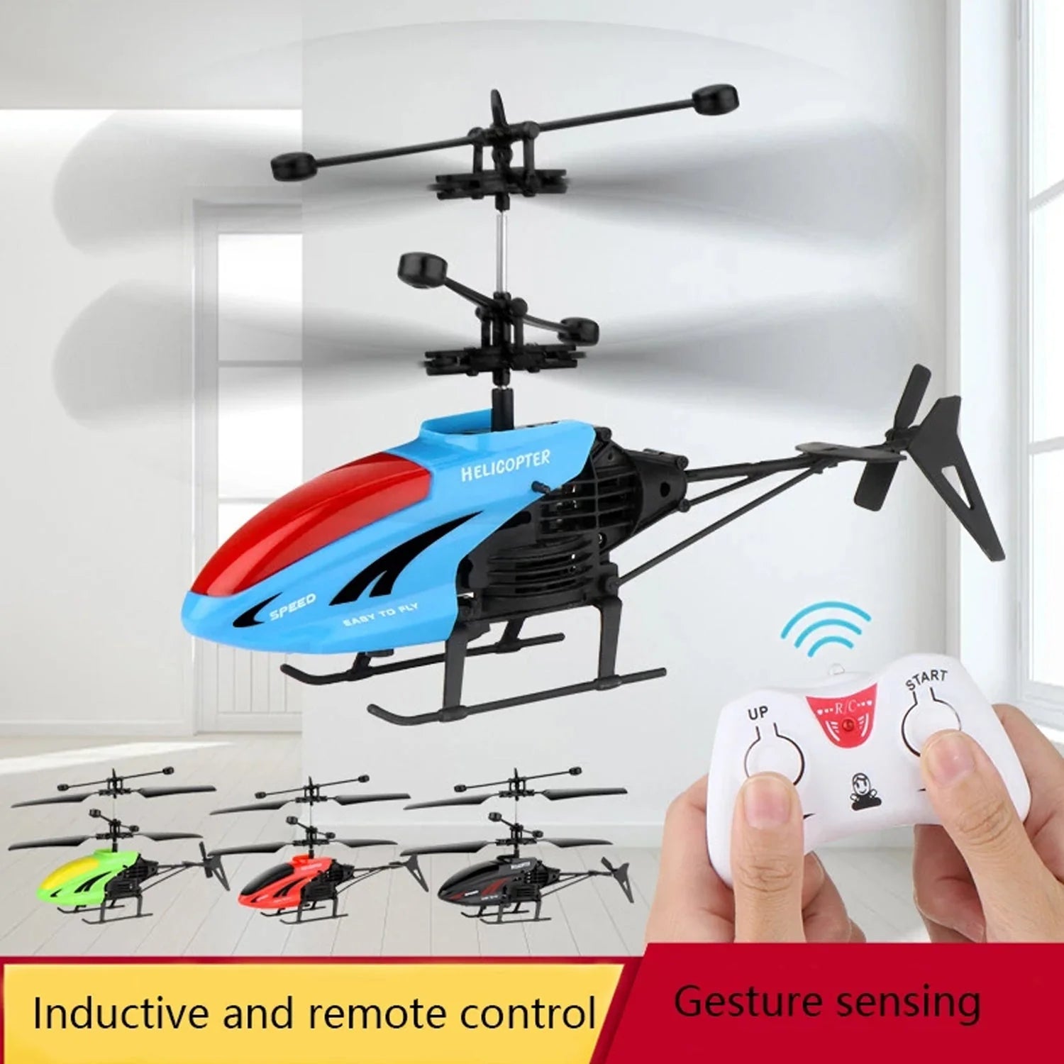 Remote control helicopter with inductive and remote control features, held by a hand.