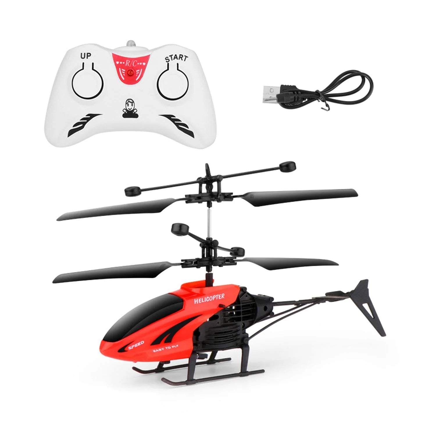 Red and black RC helicopter with remote control and USB cable on a white background