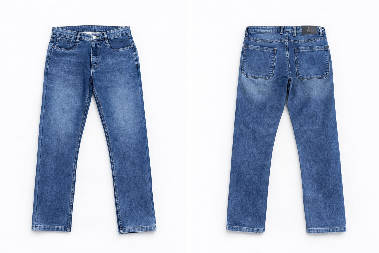 Pair of blue jeans displayed from front and back on a white background