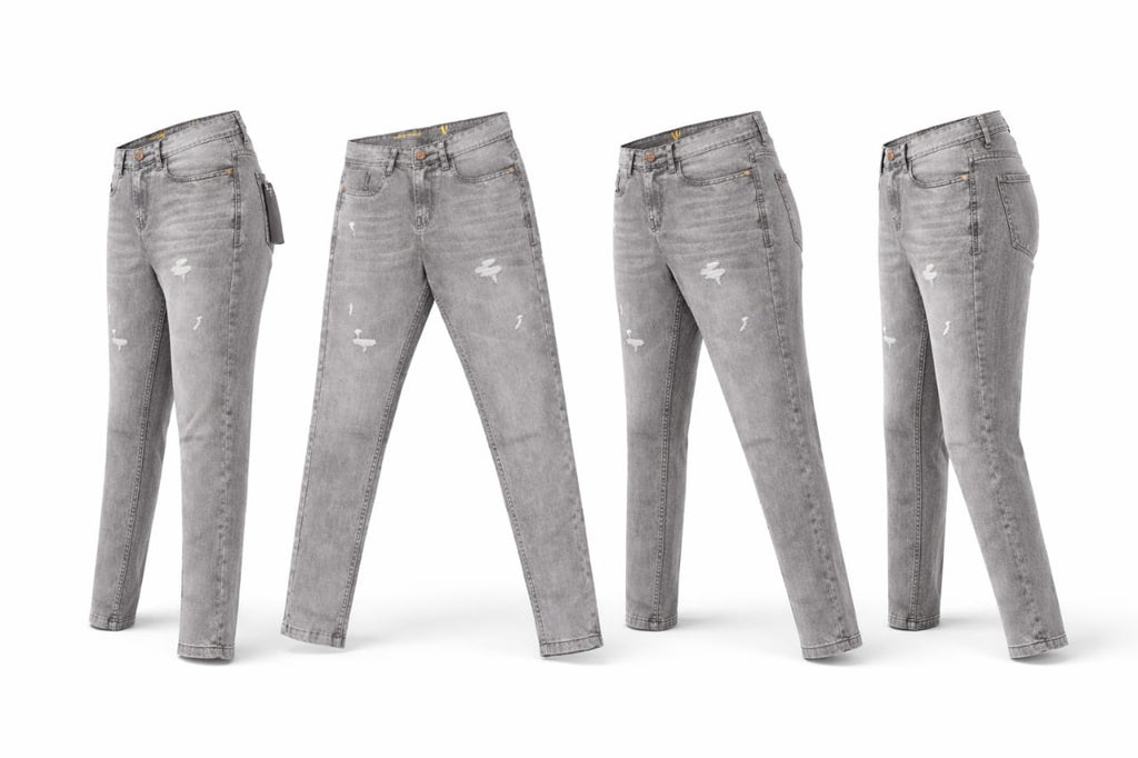 Four views of gray jeans on a white background