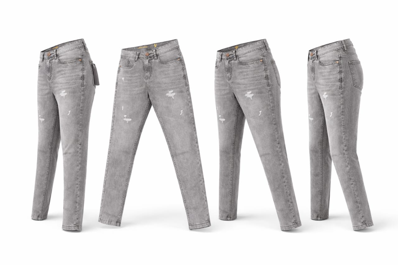 Four views of gray jeans on a white background
