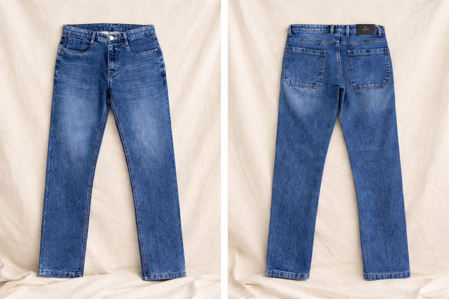 Pair of blue jeans shown from front and back on a white background