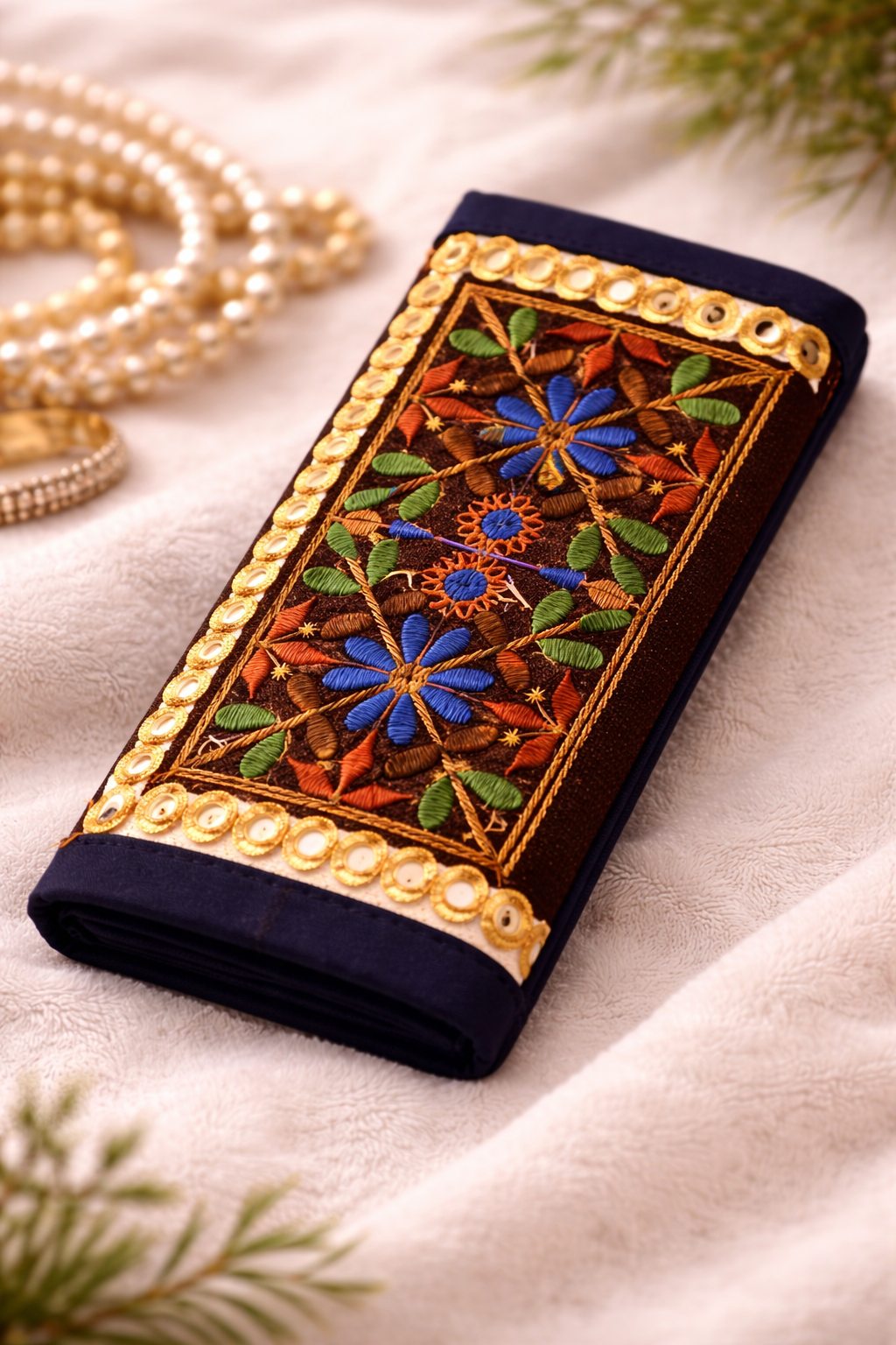 Decorative wallet with floral patterns and gold accents on a white fabric background.