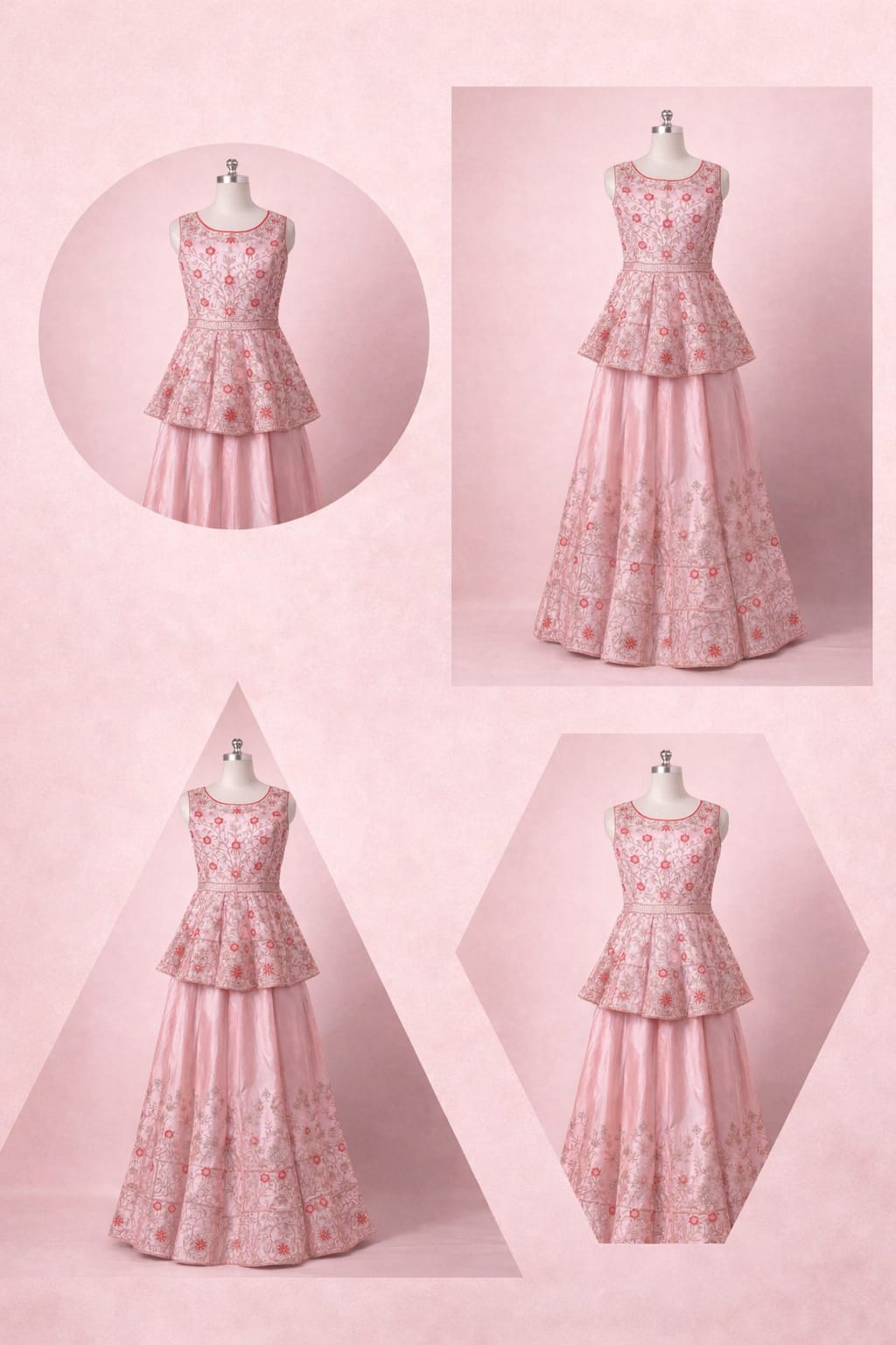 Pink floral dress displayed on a mannequin against a pink background